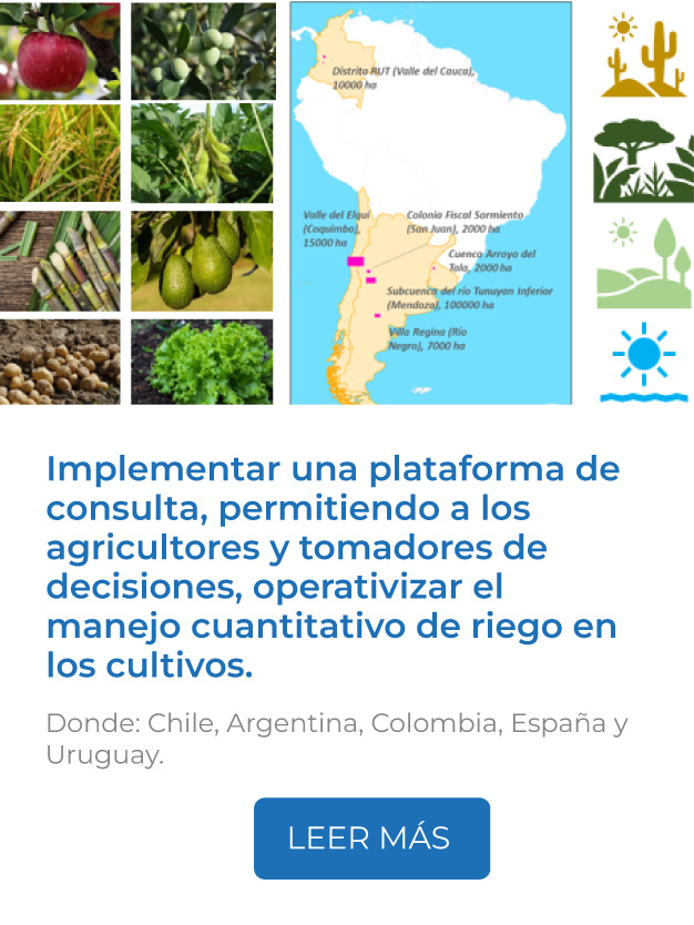 Este proyecto implementa una plataforma de consulta, que cuenta con información precisa temporal y espacial de los sistemas productivos, permitiendo a los agricultores y tomadores de decisiones, operativizar el manejo cuantitativo de riego en los cultivos